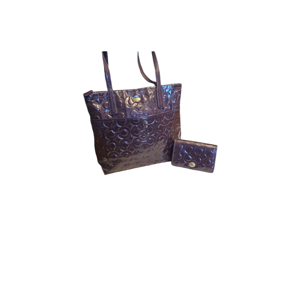 Coach Signature Embossed Patent Leather Tote Bag and Wallet Set Burgundy Plum